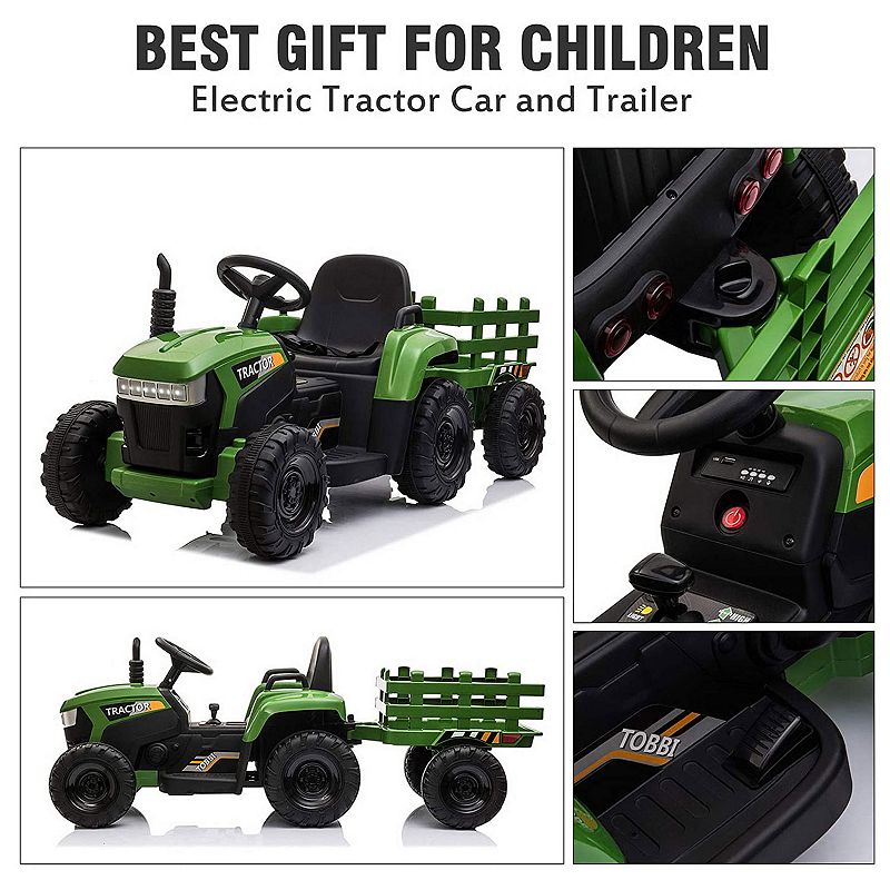 TOBBI 12 Volt Battery Operated Toy Tractor with Pull Behind Trailer， Dark Green