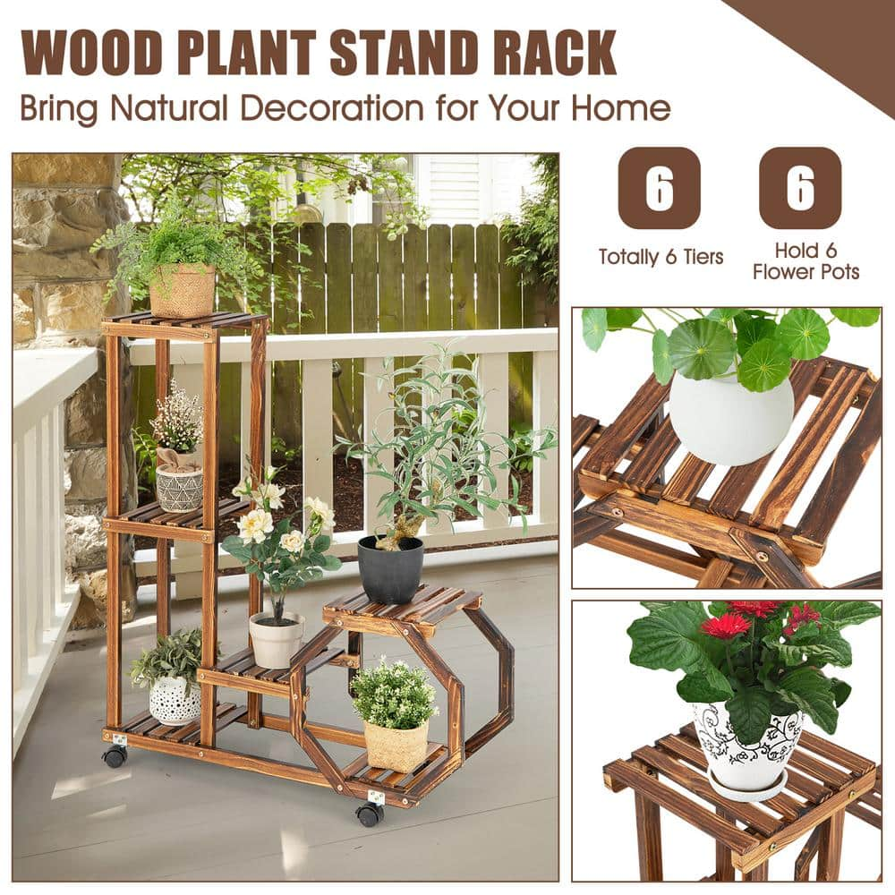 HONEY JOY 6 Potted Plant Stand Rack 100% Pine Wood Flower Pot Holder Shelf Multi-Layer Flower Stand Wheels (6-Tier) TOPB006548