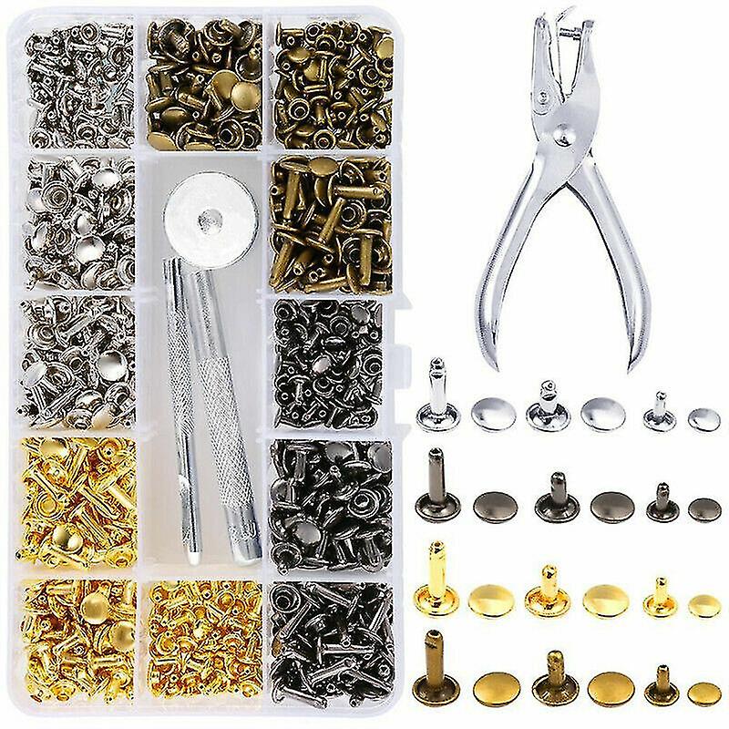 Leather Rivets Double Cap Metal Studs Fixing Tool and Hole Plier Kit.(silver+gold)(360pcs)