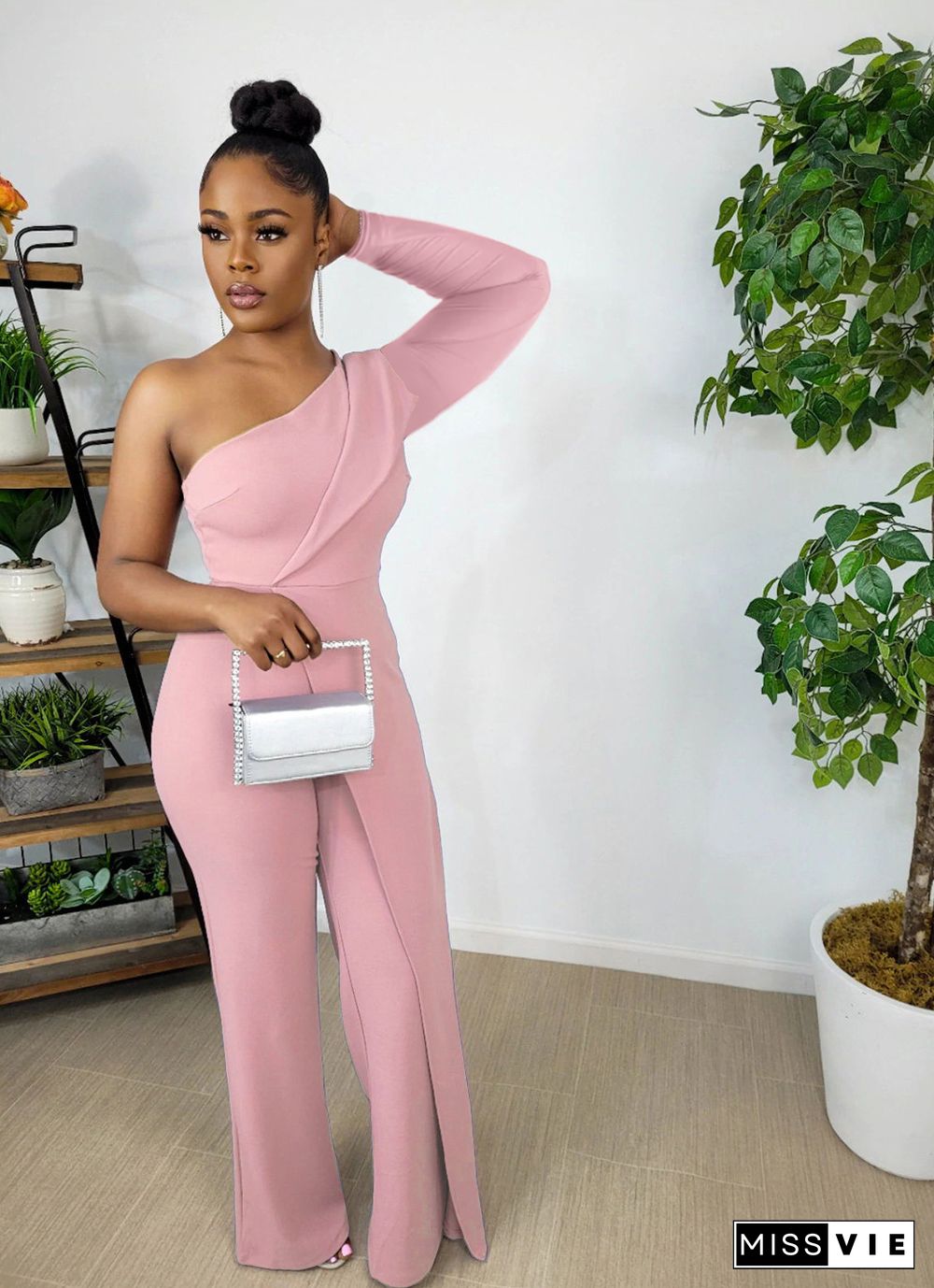 Elegant One Shoulder Long Sleeve Straight Jumpsuit