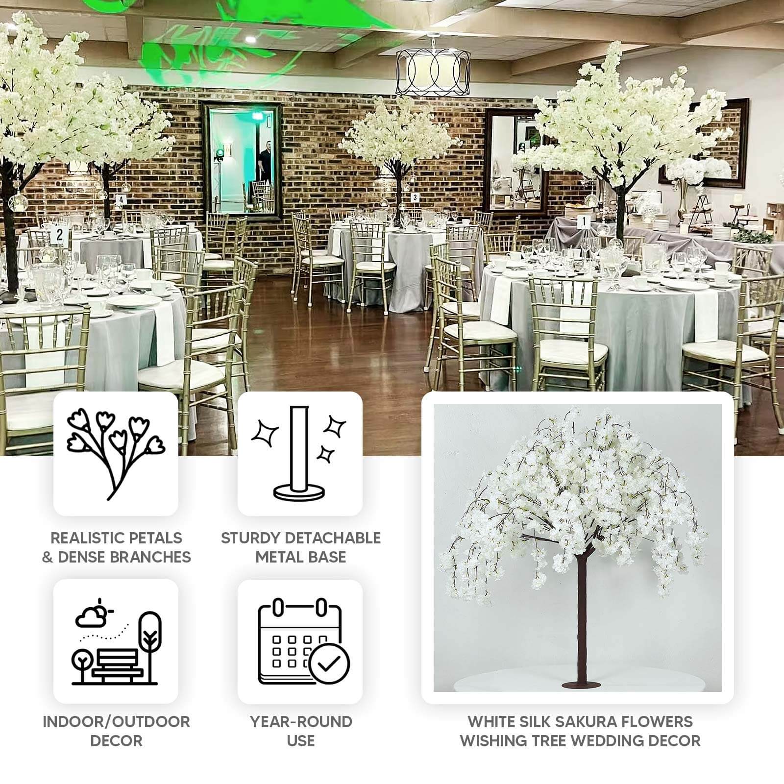 White Artificial Cherry Blossom Tree With Detachable Metal Base, Silk Sakura Flowers Wishing Tree Wedding Decor - 5ft