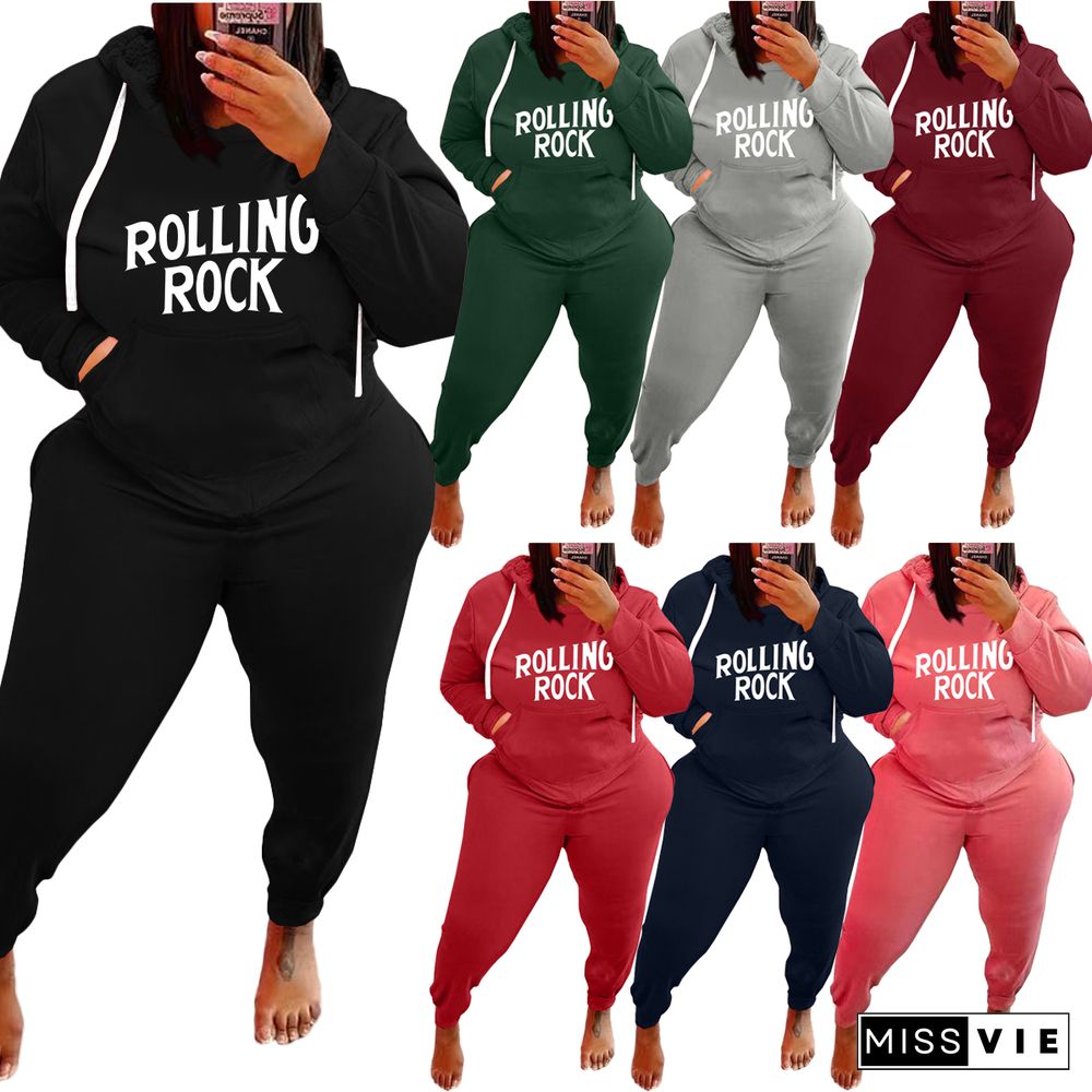 Plus Size Letter Print Hooded Sweatshirt And Pants Suit