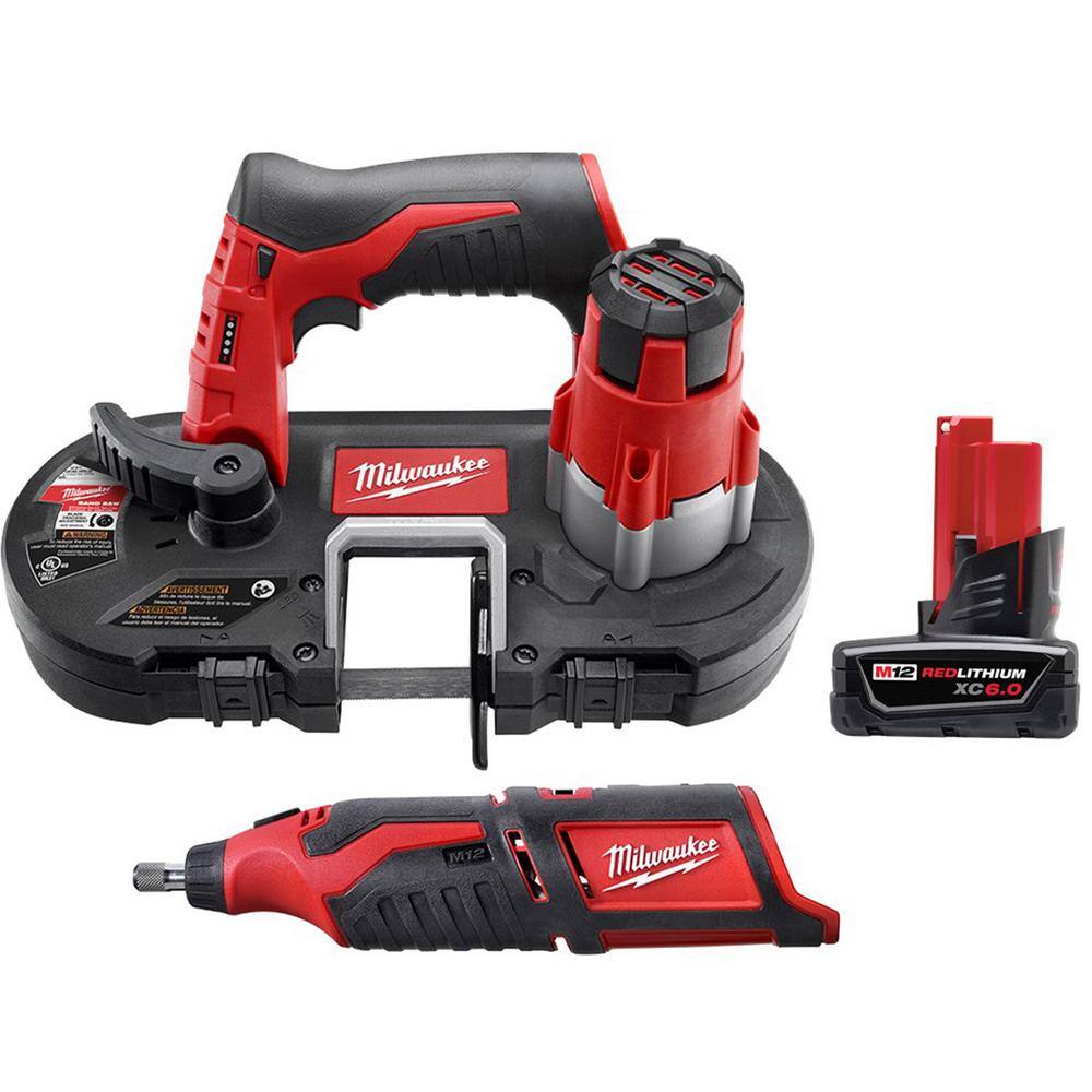 MW M12 12V Lithium-Ion Cordless Sub-Compact Band Saw with M12 Rotary Tool and 6.0 Ah XC Battery Pack 2429-20-2460-20-48-11-2460