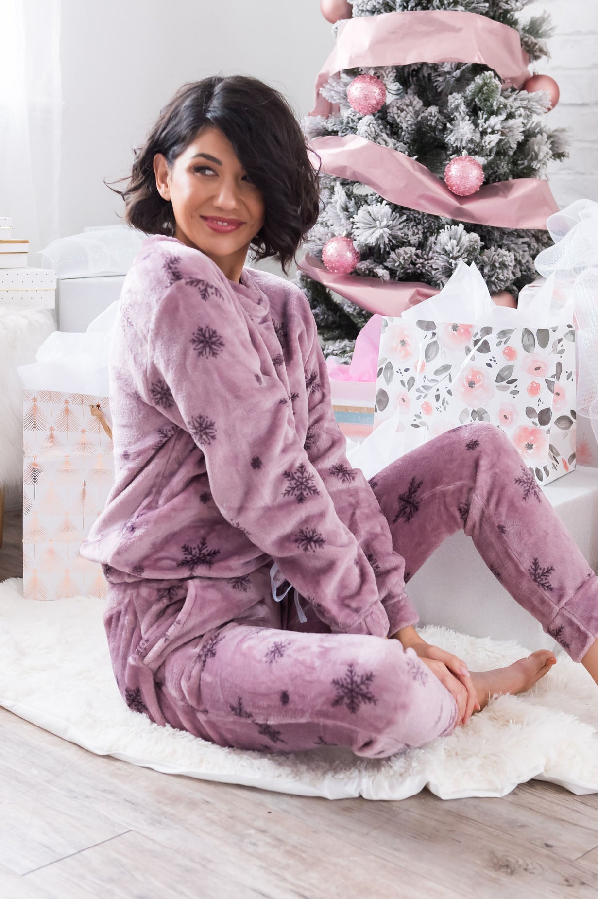 Sugarplum Snowflakes Modest Fuzzy Lounge Set