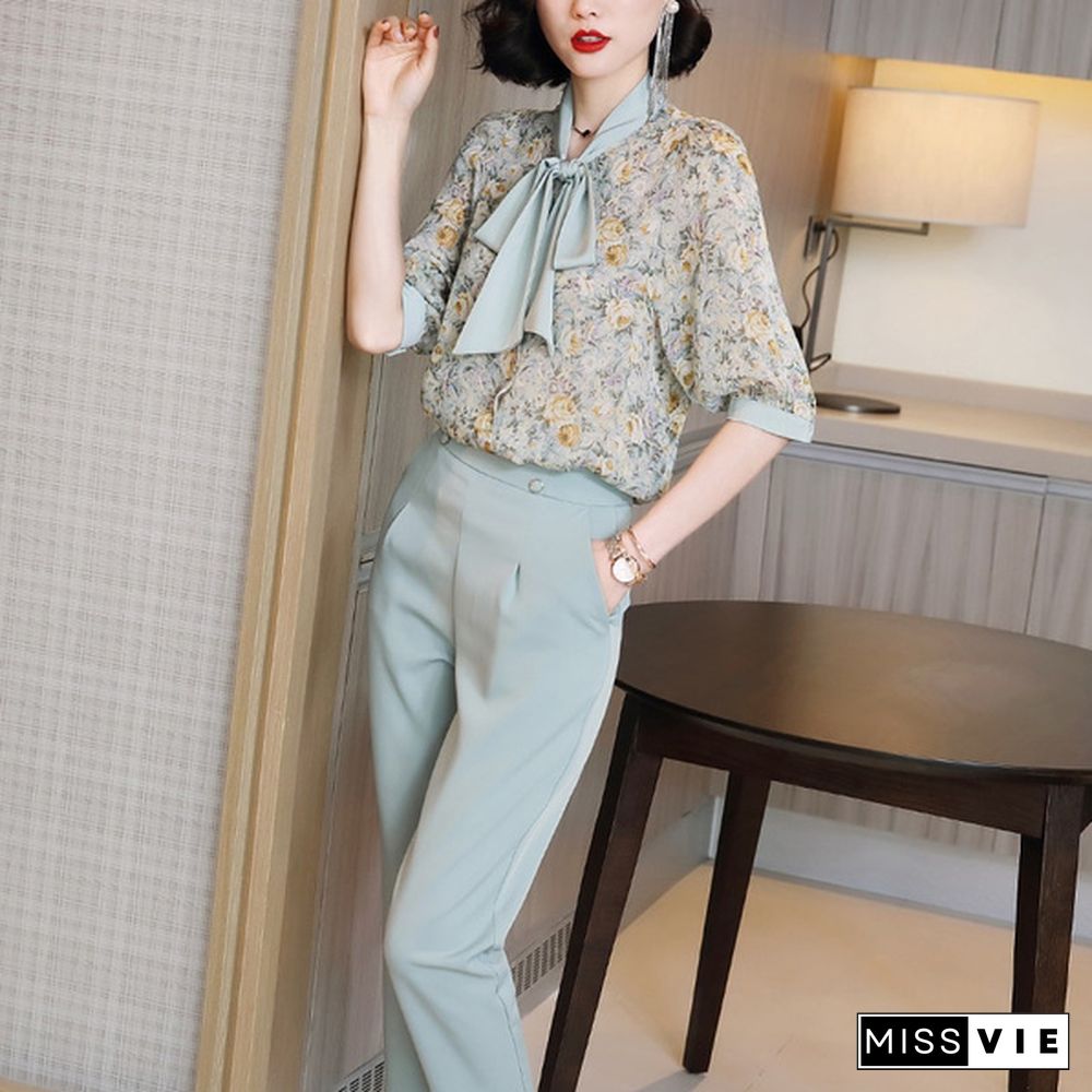 Korean Fashion Suit Female Chiffon Printed Shirt Top And Pants Summer Two Piece Set Ol Women Sets Casual Elegant Outfit