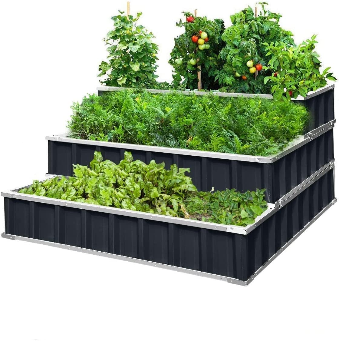 3 Tiers Raised Garden Bed Dismountable Frame Galvanized  Metal Patio Garden Elevated Planter Box 46\u2019\u2019x46\u2019\u2019x23.6\u2019\u2019 for Growing Vegetables  (Dark Grey)