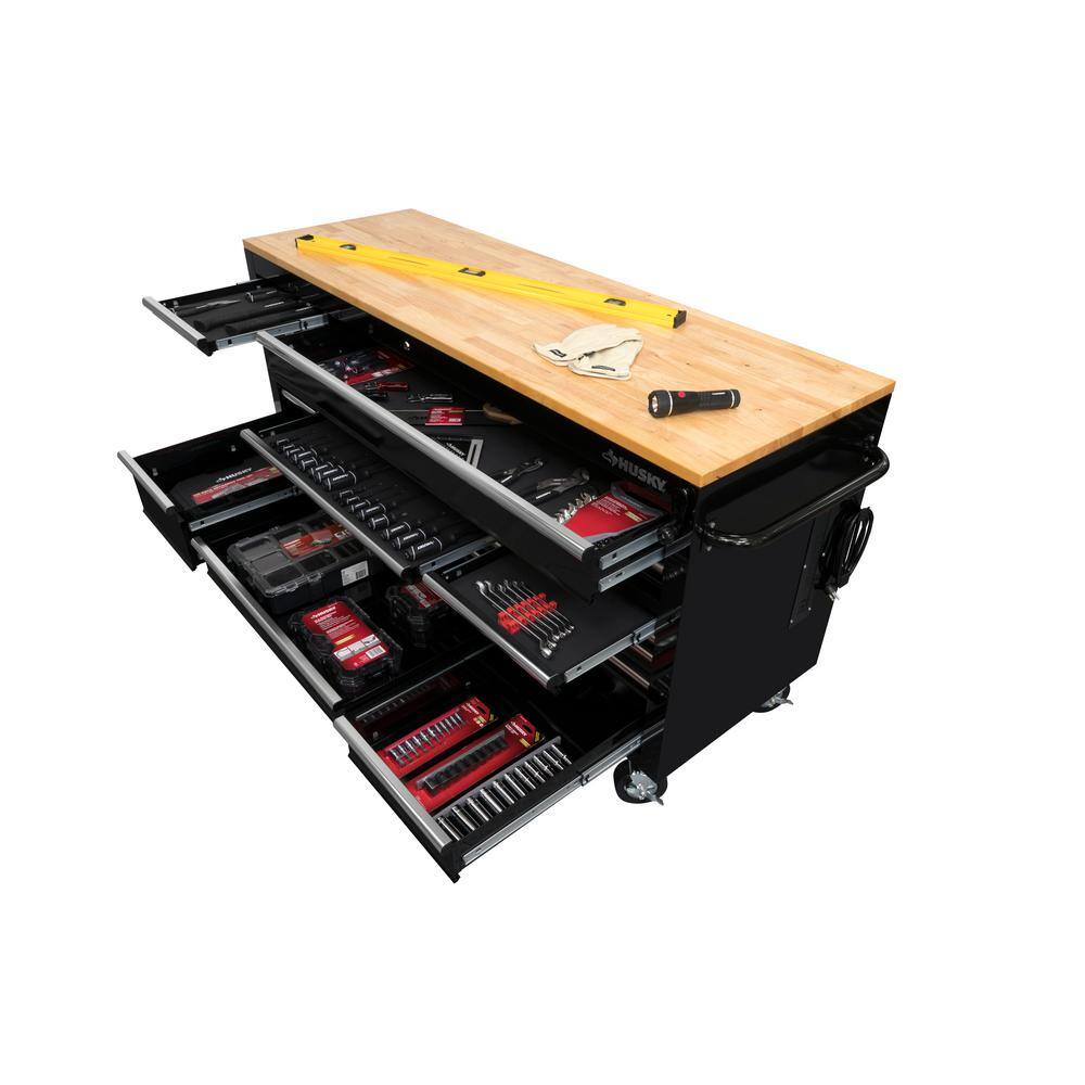 Husky 72 in. x 24.1 in. D 20-Drawer Mobile Workbench with Adjustable Height Solid Wood Top in Gloss Black HOLC7220B11M