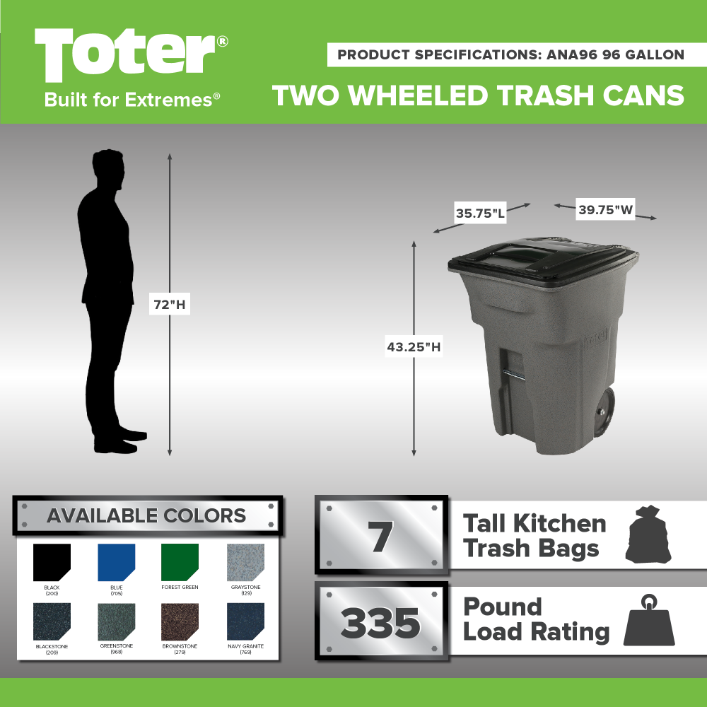 Toter 96 Gallon Trash Can with Smooth Wheels and Lid ;