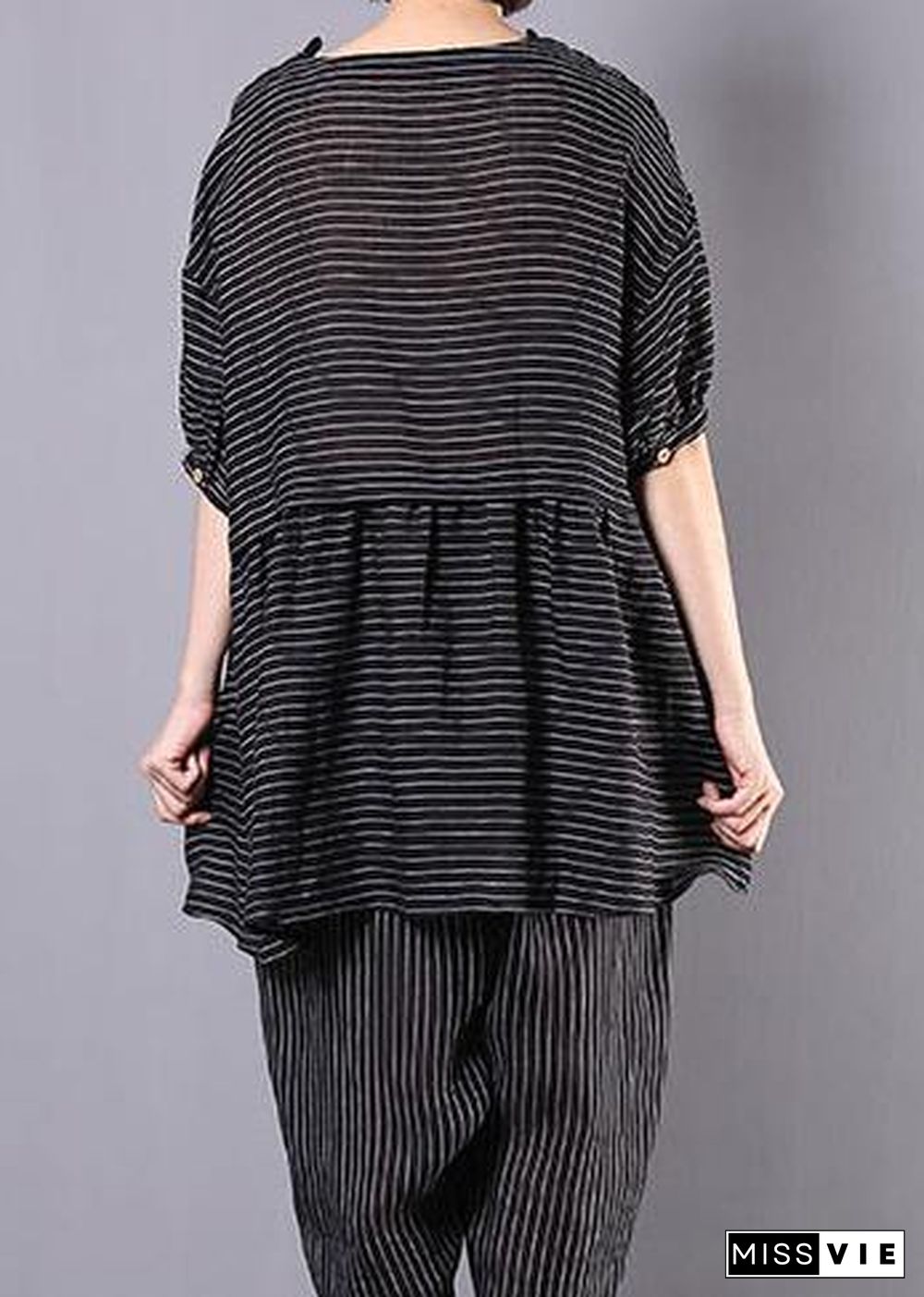 summer casual two pieces black striped patchwork tops and elastic waist women pants