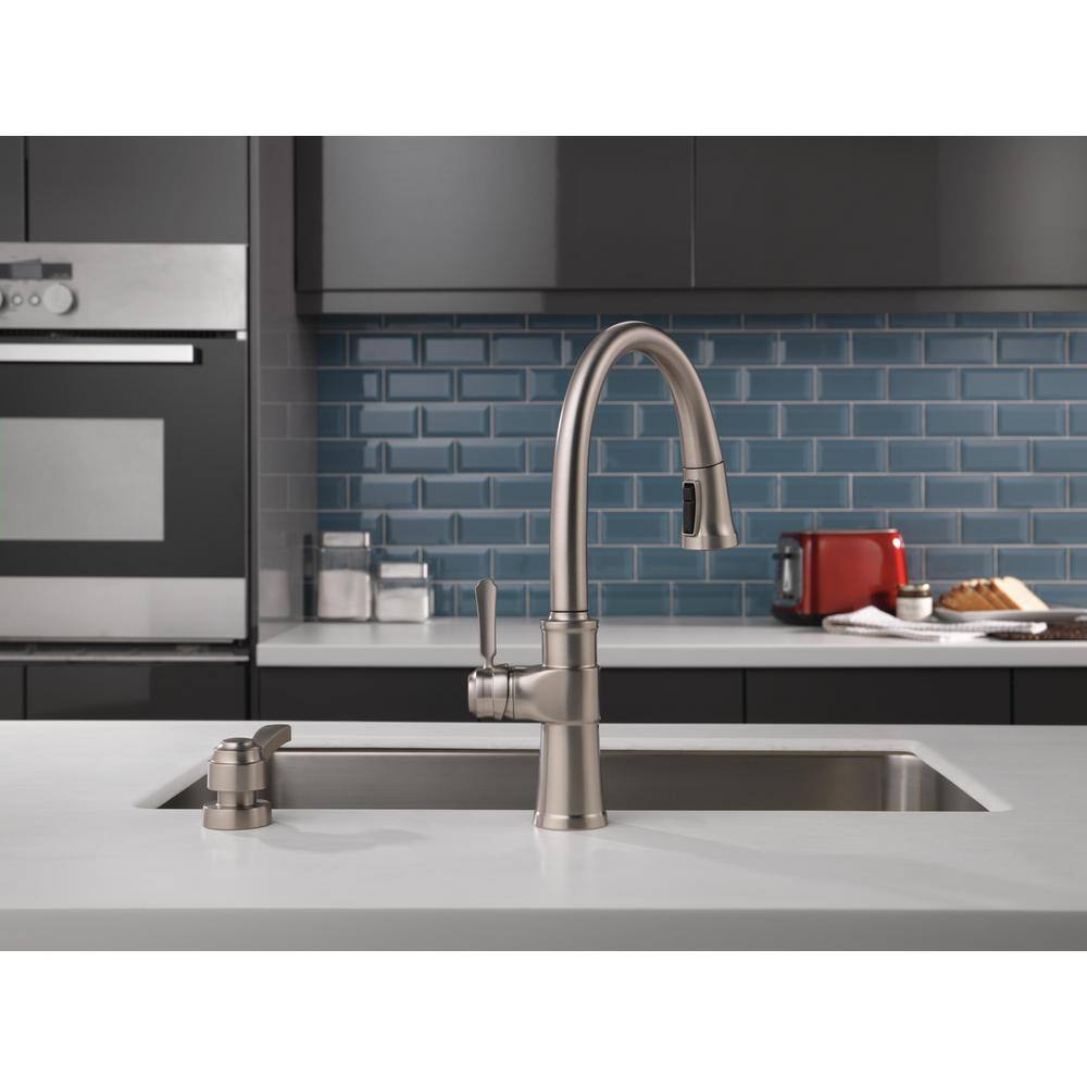 Delta Spargo Single-Handle Pull-Down Sprayer Kitchen Faucet with Shield Spray and Soap Dispenser in Spot Shield Stainless 19964Z-SPSD-DST