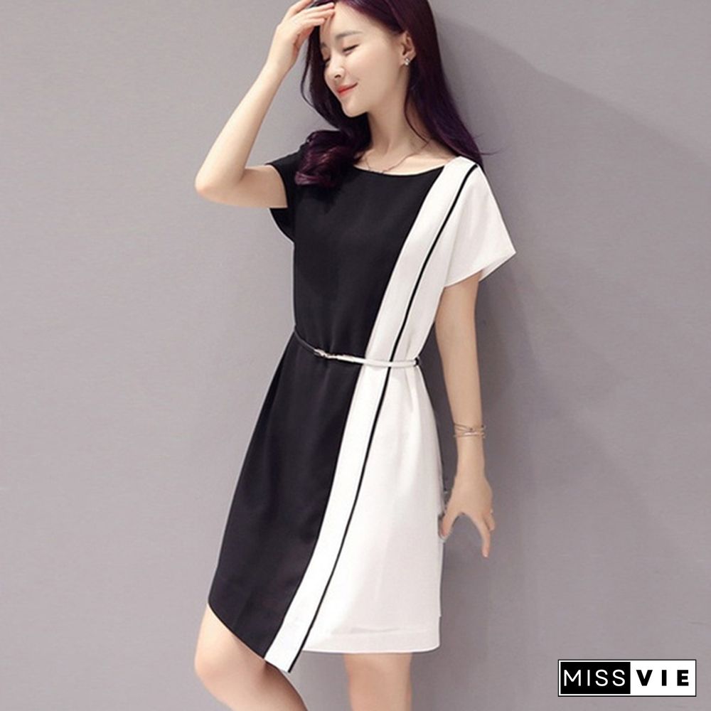 Summer Women Fashion Chiffon Casual Mini Dress Black White Short Sleeve O-Neck Beach Tshirt Dresses