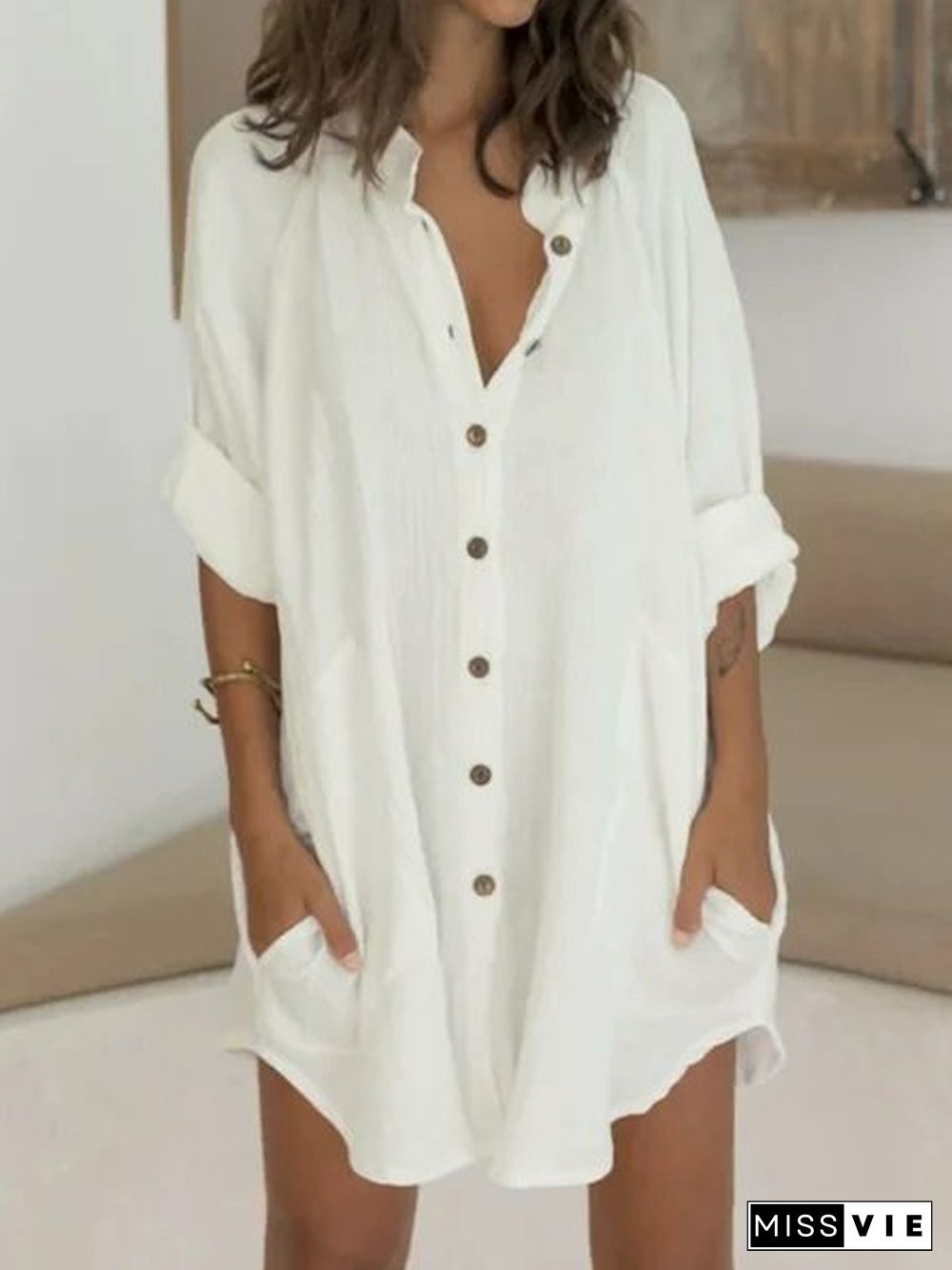 Women Casual Half Sleeve Linen Plain Mini Dresses