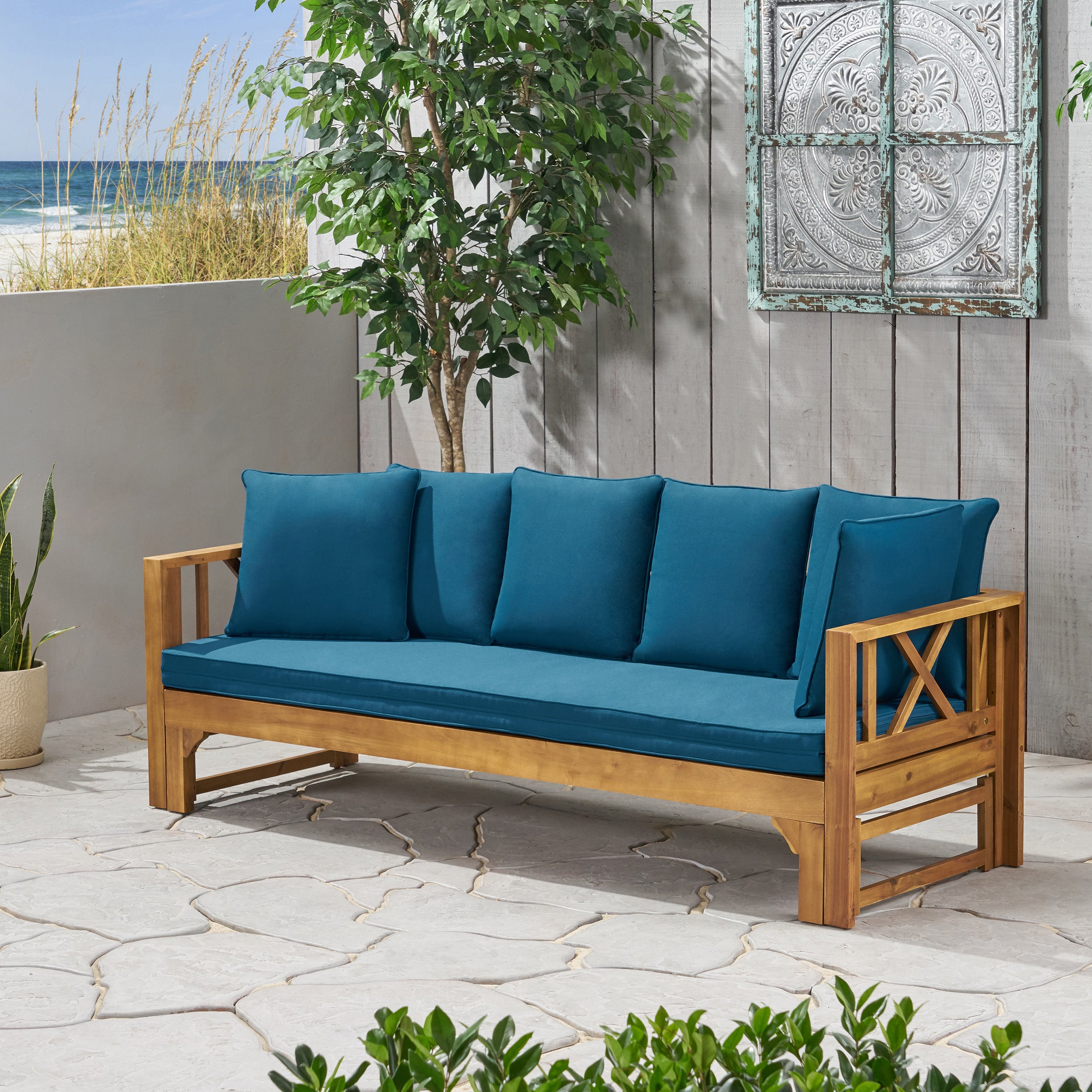 Camille Outdoor Extendable Acacia Wood Daybed Sofa