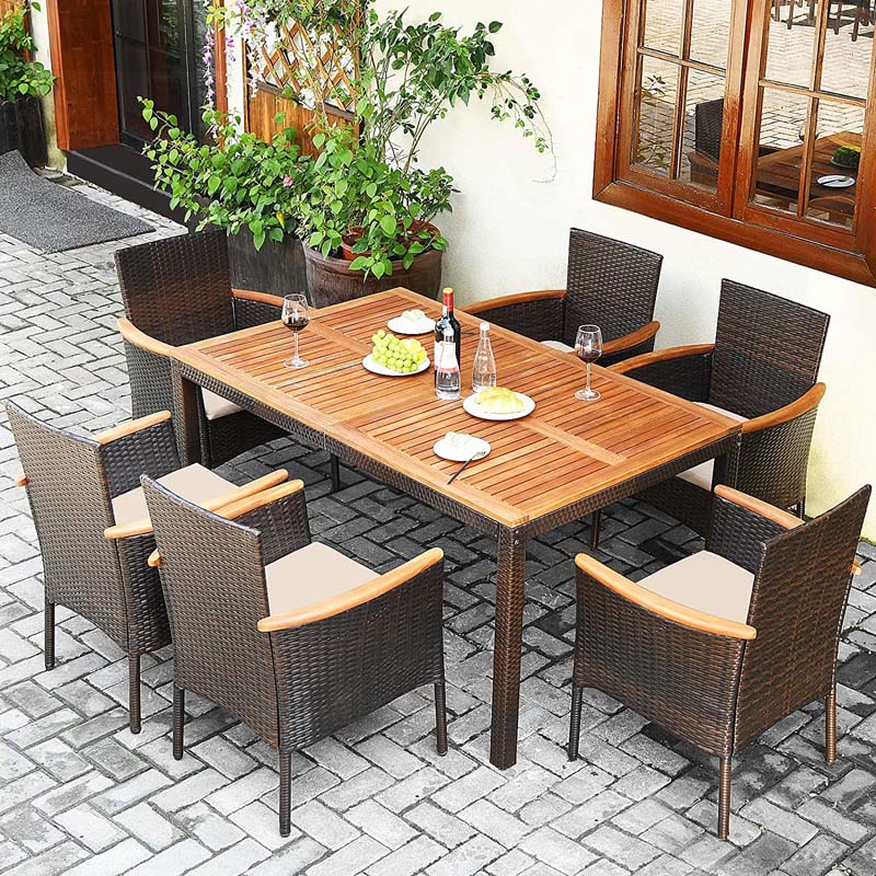 7 Pcs Rattan Patio Dining Set with Umbrella Hole, Acacia Wood Tabletop & Cushioned Stackable Armchairs