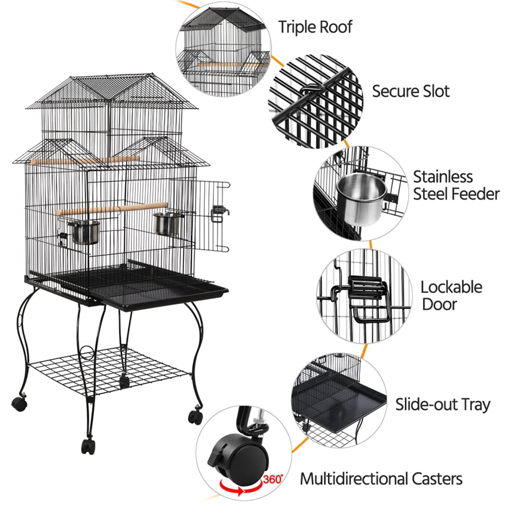 SMILE MART Metal Rolling Bird Cage with Triple Roof Detachable Stand for Birds Finches Lovebirds Canaries Cockatiels Conures Parakeets， Black