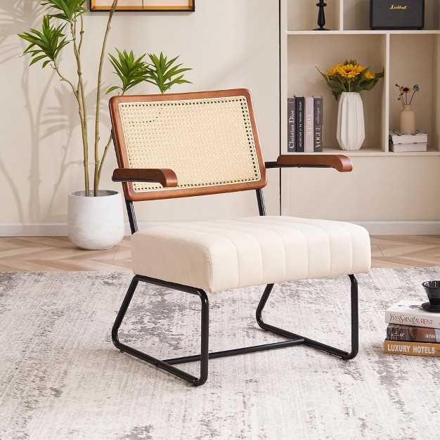 Ferpit Elegant Wicker Upholstered Accent Chair With Wooden Armrests