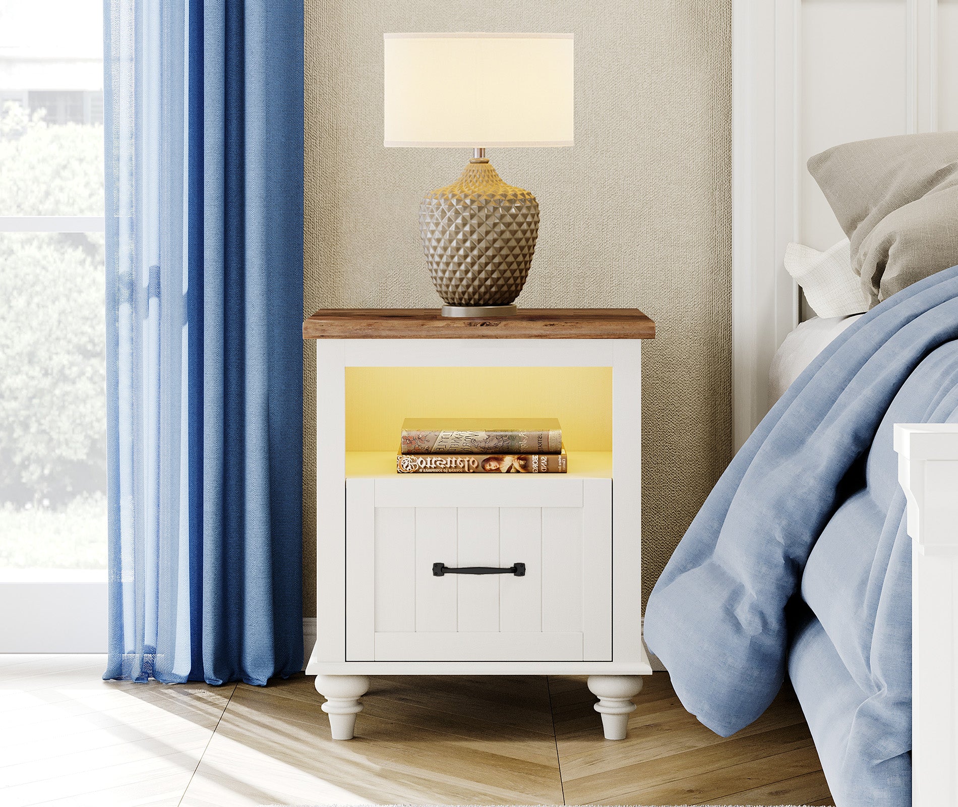 Modern LED Nightstand with Big Drawer and Open Storage,White Wood End Side Table for Bedroom Living Room