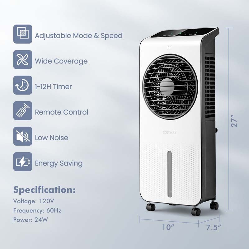 Portable Evaporative Air Cooler, 3-in-1 Swamp Cooler with Fan & Humidifier, 360° Rotating Fan Blade, 12H Timer