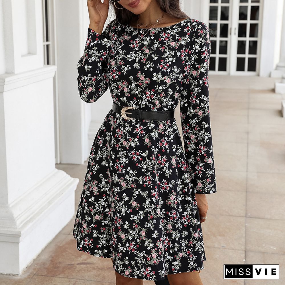 Temperament Commuter Word Collar Floral Dress Black Dresses