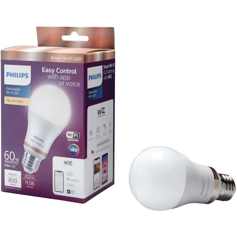 Philips Soft White A19 LED 60W Equivalent Dimmable Smart Wi-Fi Wiz Connected Wireless Light Bulb (1-Pack) 555474