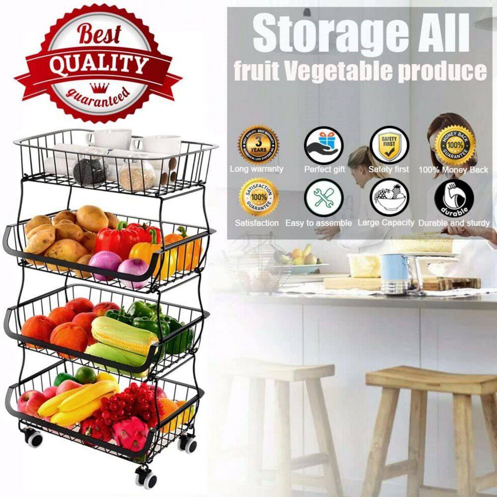 cadeninc Black 4-Tier StackableDetachable Metal Wire Storage Basket Cart with Rolling Wheels MIX-LQMS5-003