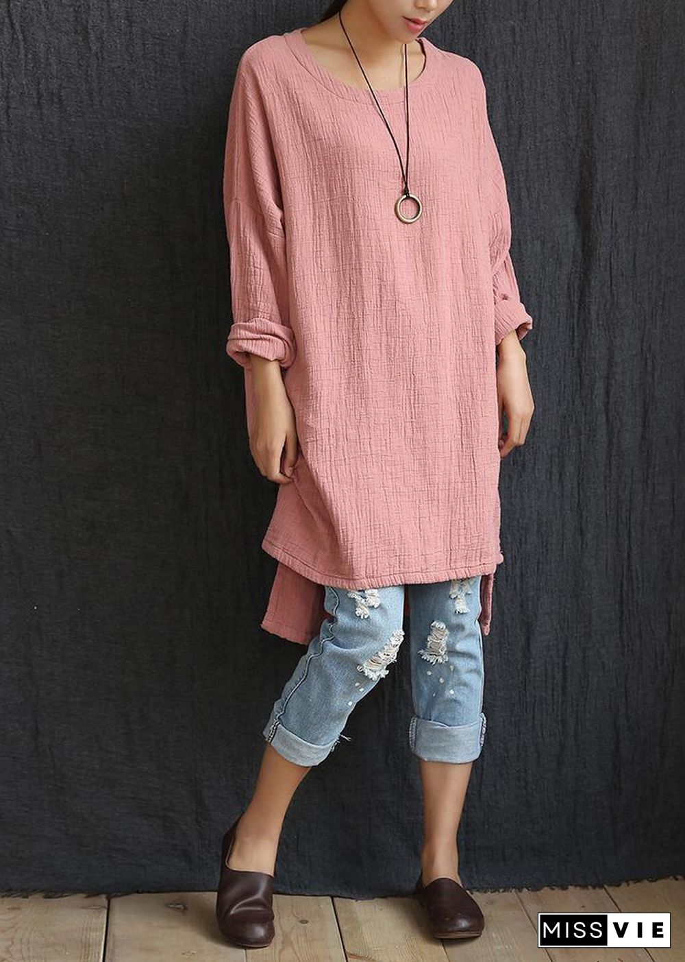 DIY Pink Low High Design U Neck Shirt Tops Spring