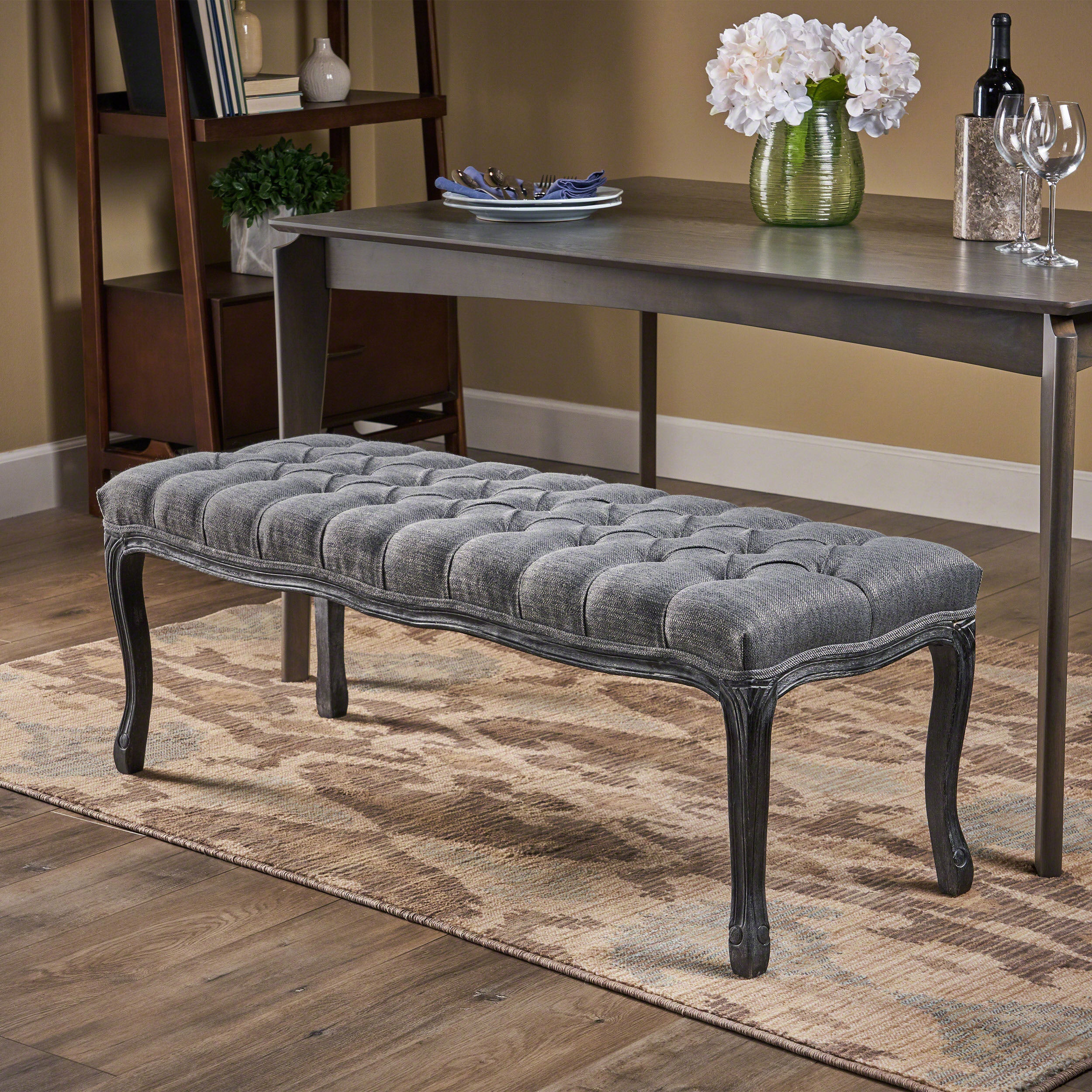 Westlyn Tufted Diamond Dining Bench with Rubberwood Legs