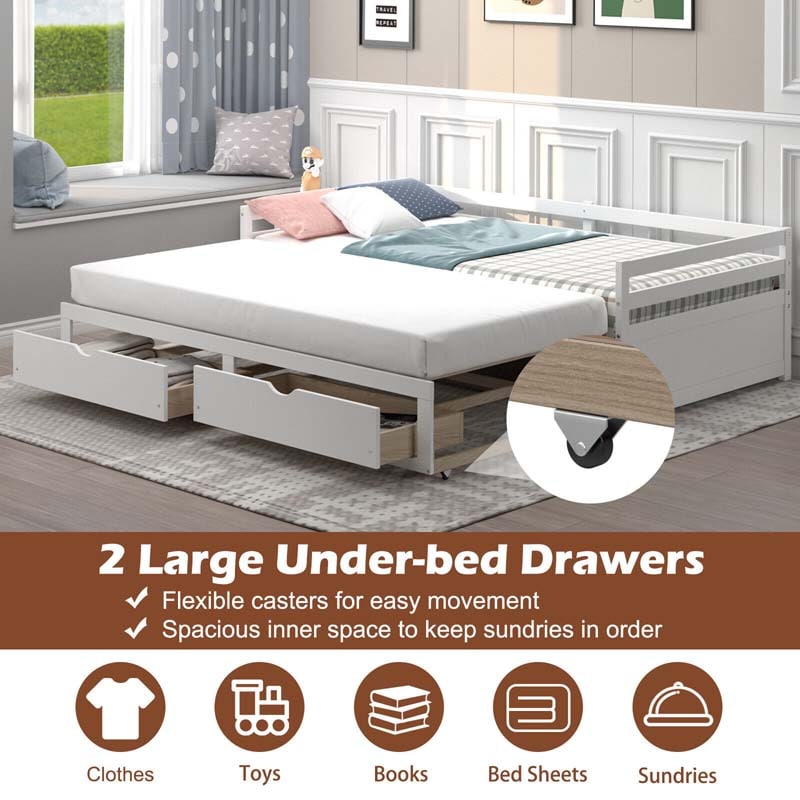 Extendable Twin to King Daybed with Trundle & 2 Storage Drawers, Dual-use Modern Sofa Bed with Roll Out Bed Frame