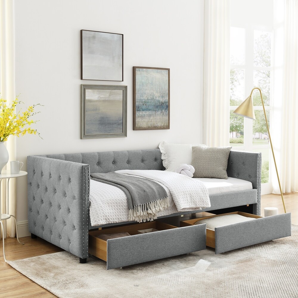 Upholstered Twin Size Daybed with Two Drawers