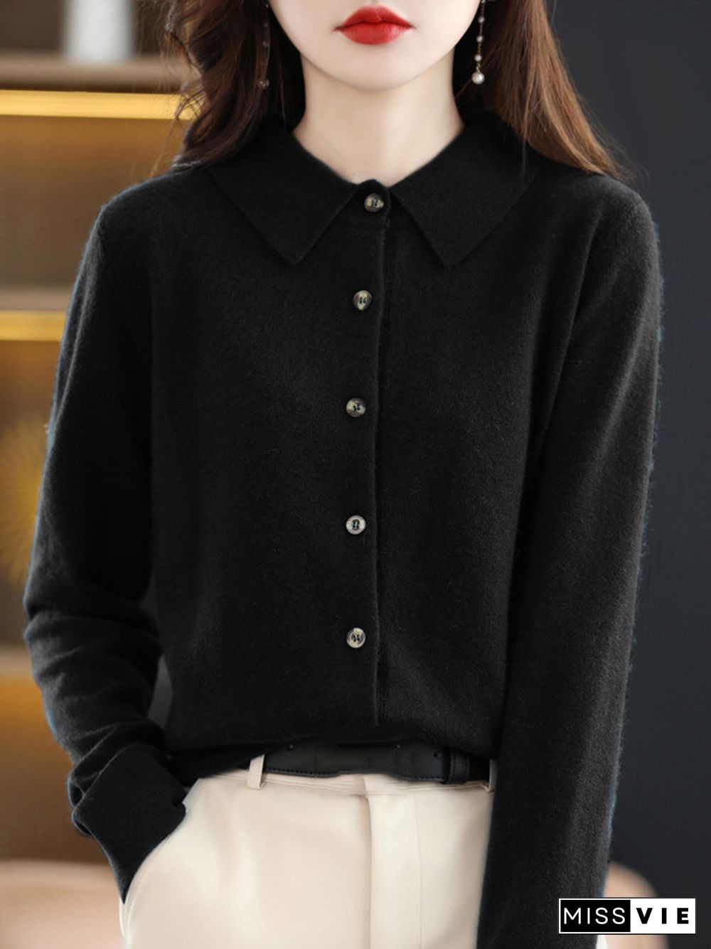 Casual Loose Long Sleeves Buttoned Solid Color Lapel Collar Cardigan Tops