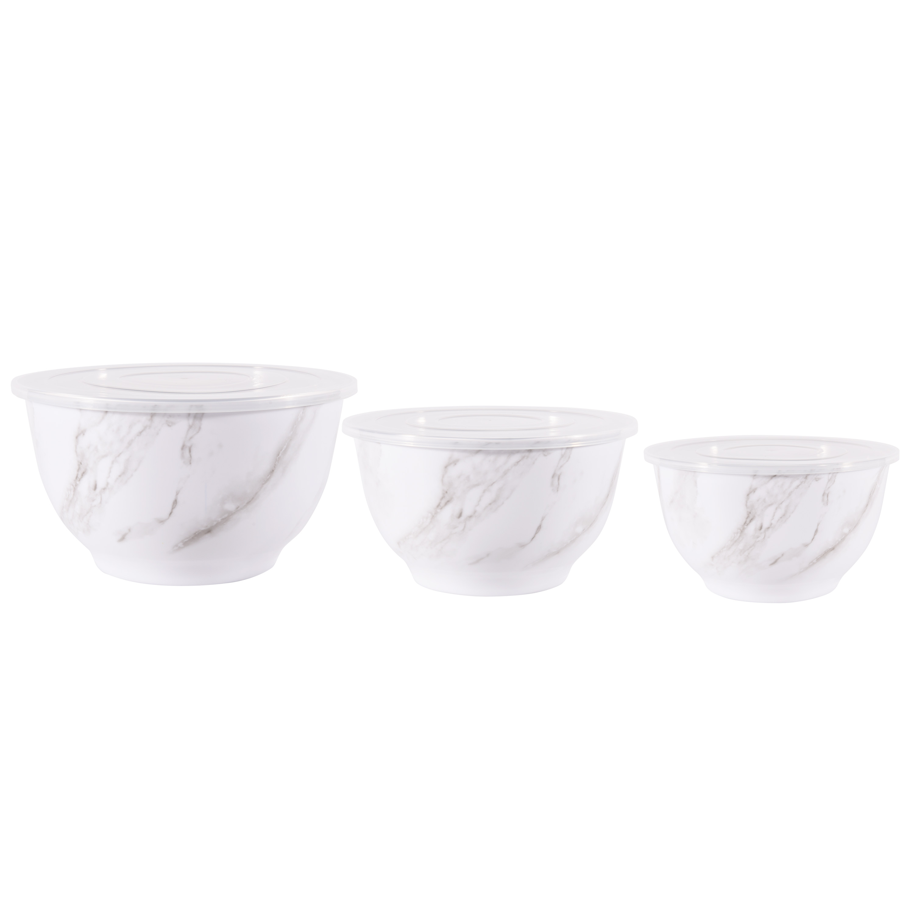 Better Homes and Gardens 6-Piece Melamine Serving Bowl Set with Lids， White Marble Print