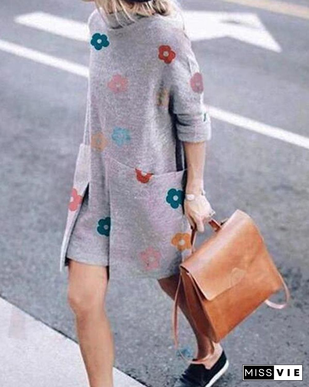 Fashion  Long sleeve Print Irregular Shift Dresses