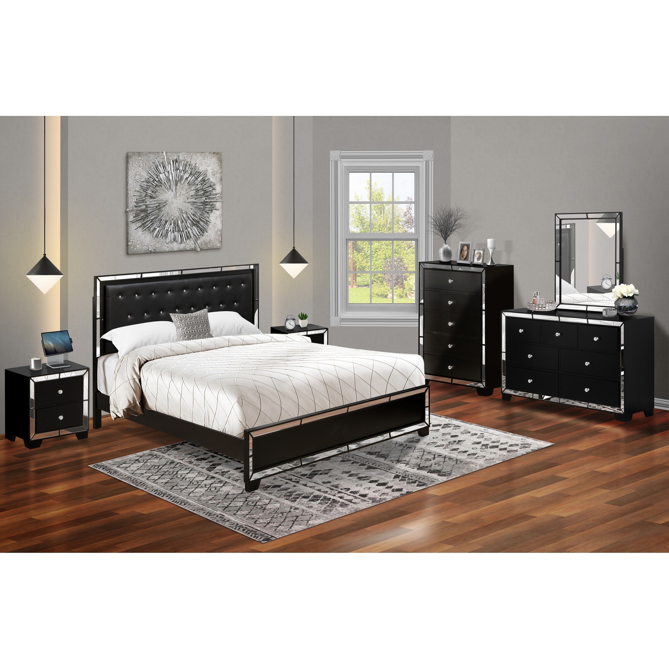 6-Pieces Bedroom Set with Light Up headboard - King Bed ，Dresser， Mirror， Chest and 2 Nightstands-Black Faux Leather Headboard - - 34142357