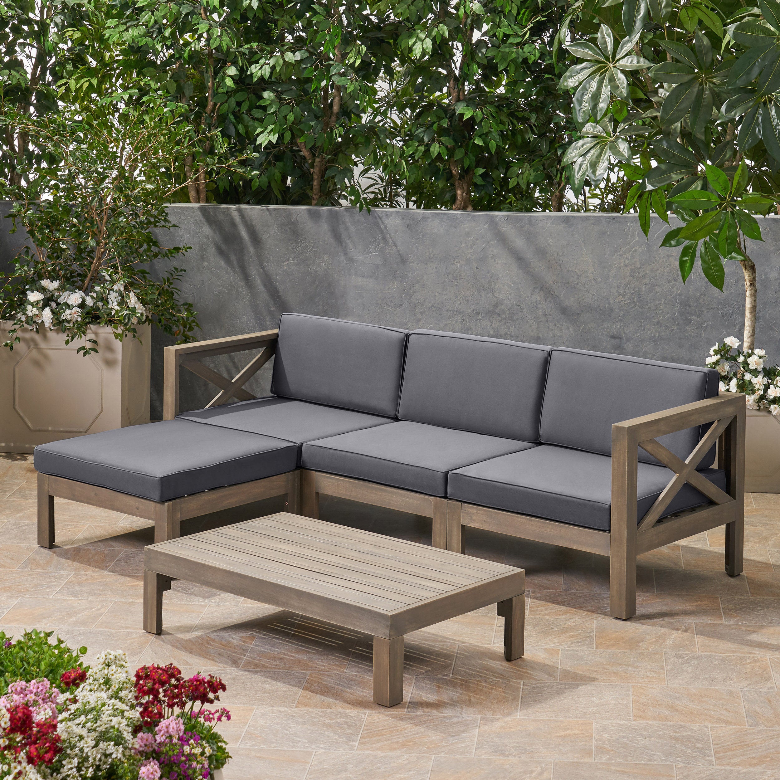 Mamie Outdoor Acacia Wood 5 Piece Sofa Set