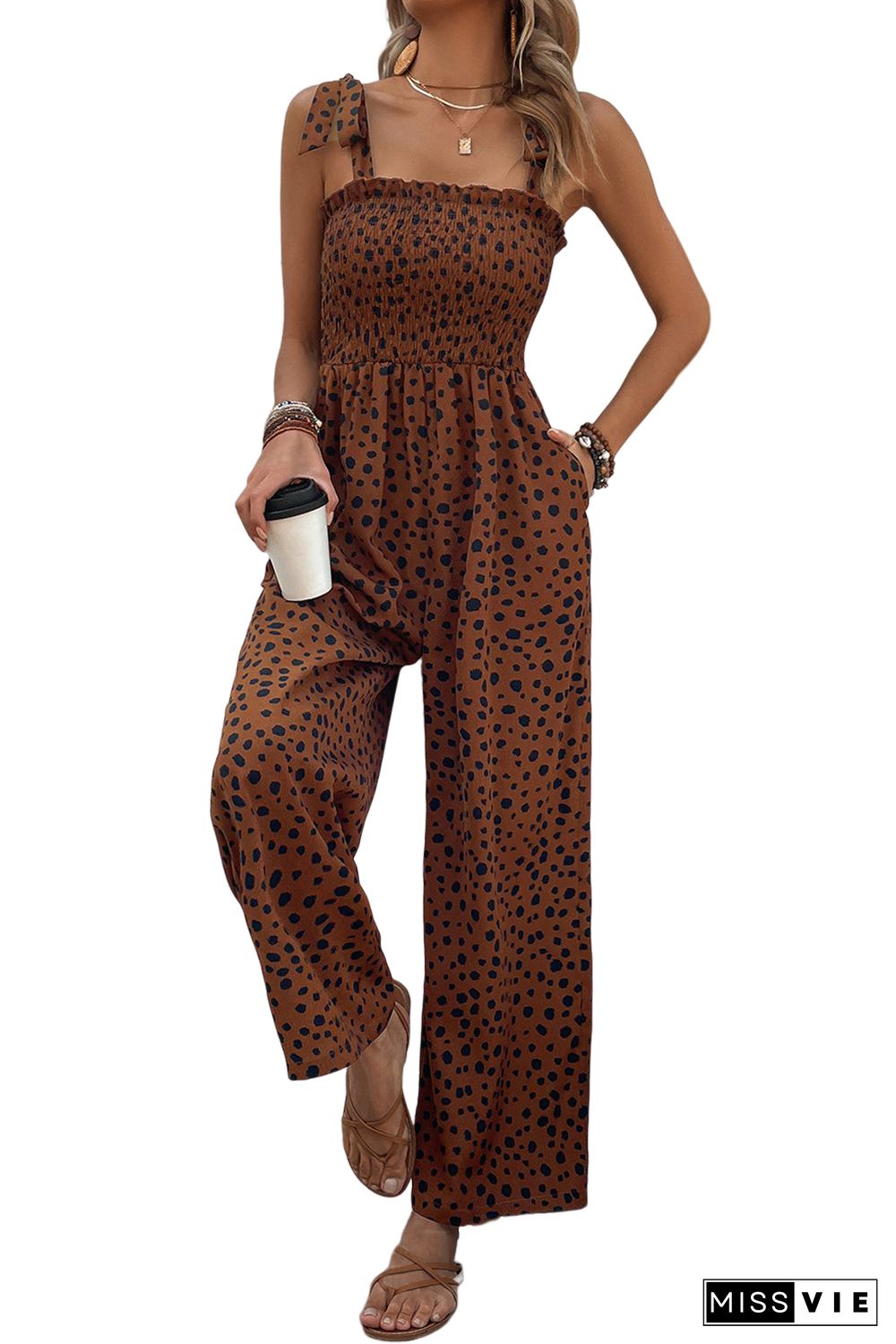 Brown Cheetah Print Smocked Wide Leg Jumpsuit