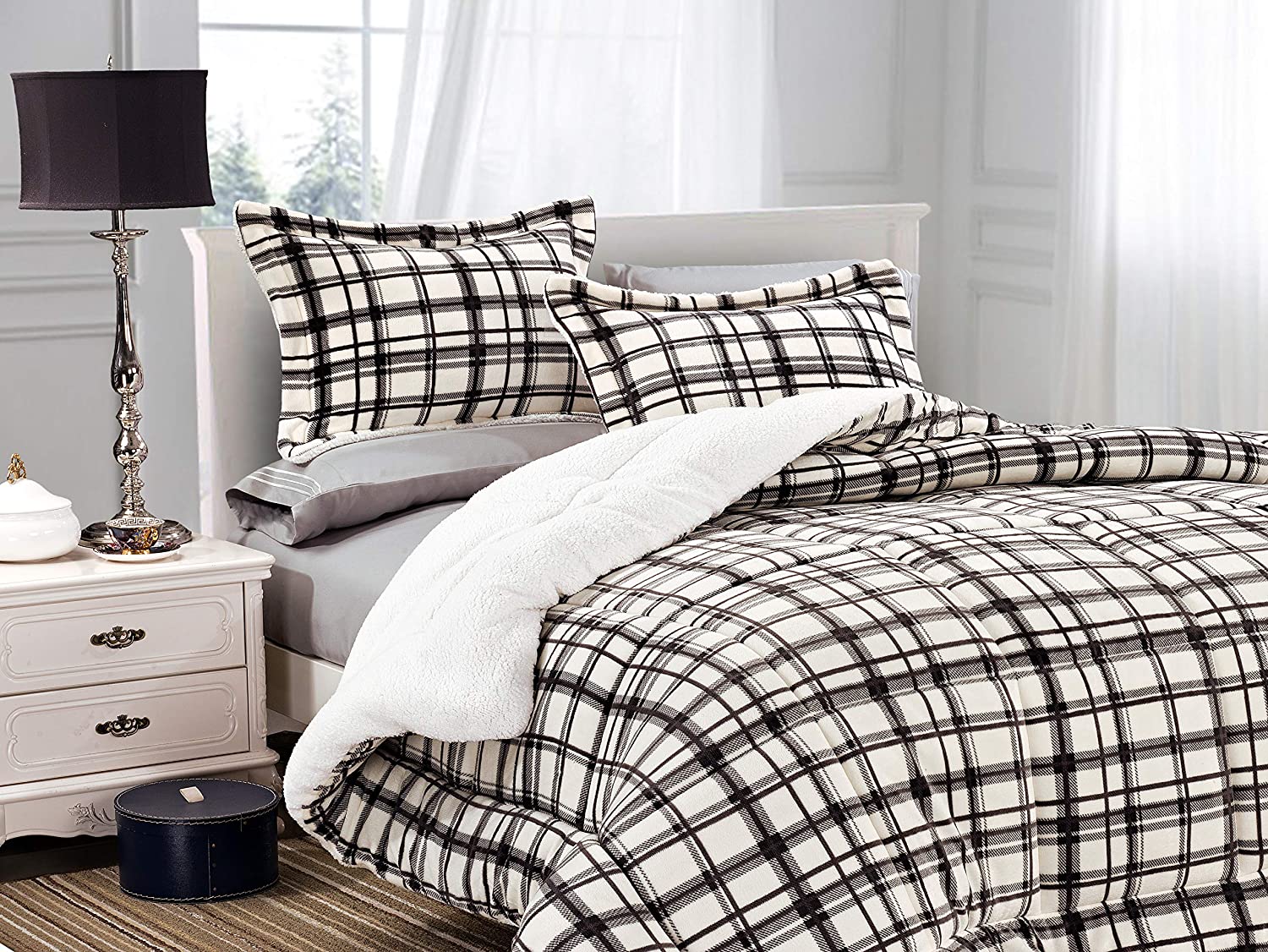 Softest Coziest Plaid Pattern Sherpa Premium Quality Down Alternative Micro-Suede 3-Piece Reversible Comforter Set