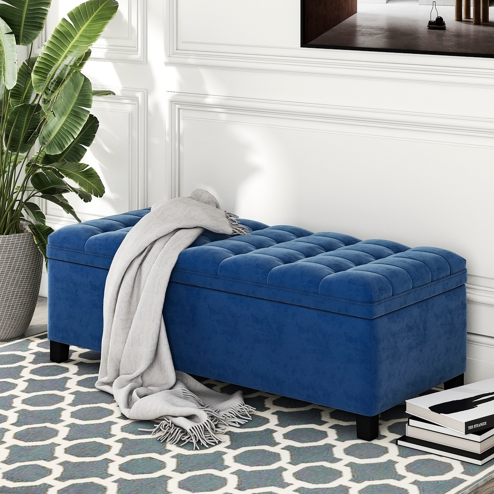 Blue Button Tufted Ottoman w/ Storage Bench Upholstered Fabrics