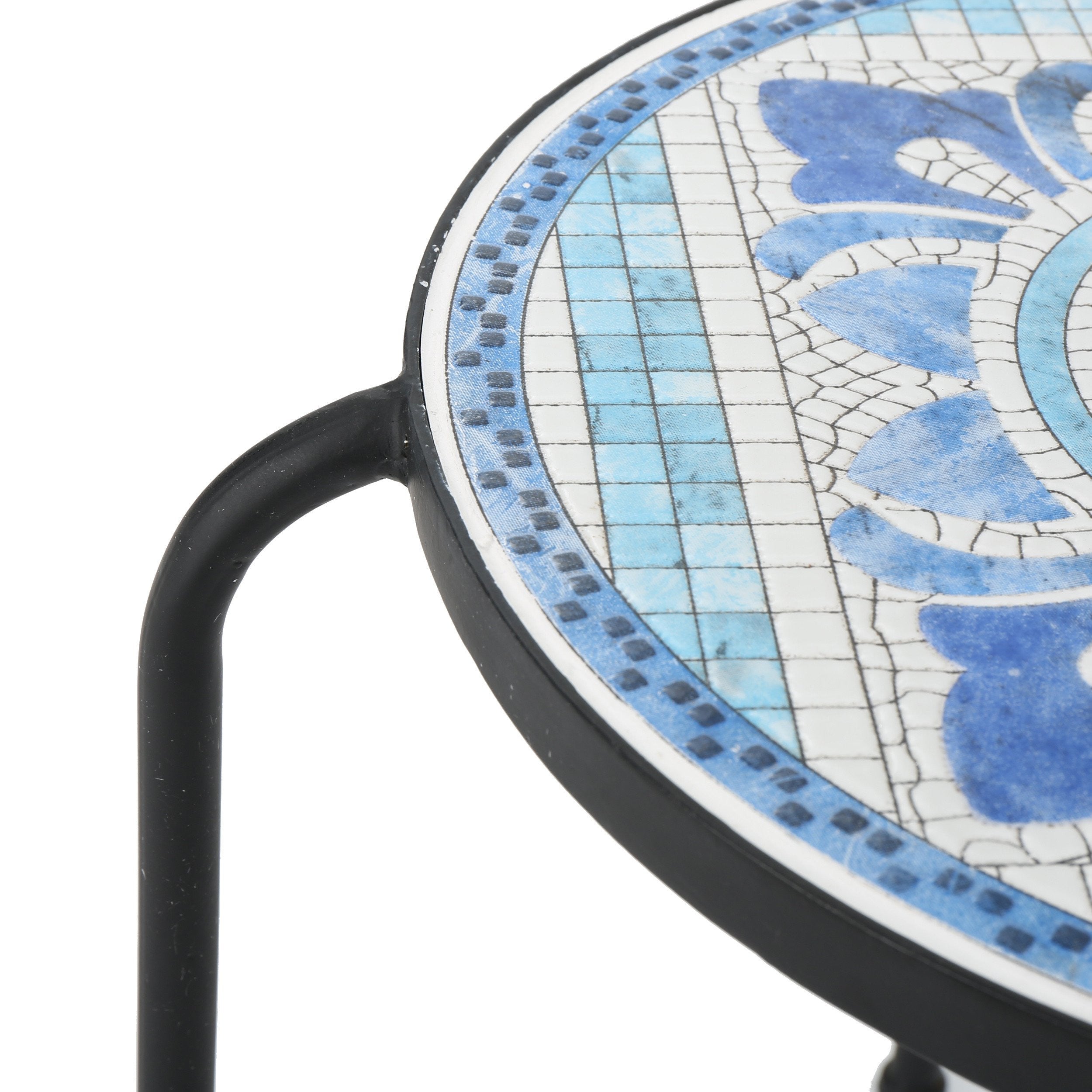 Sindarin Outdoor Blue & White Ceramic Tile Iron Frame Side Table