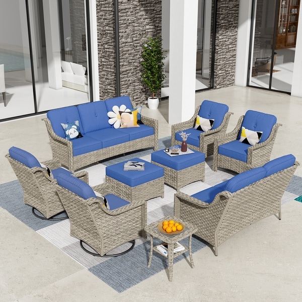 HOOOWOOO 9piece Patio Wicker Furniture Conversation Set with Swivel Chair and Loveseat Sofa