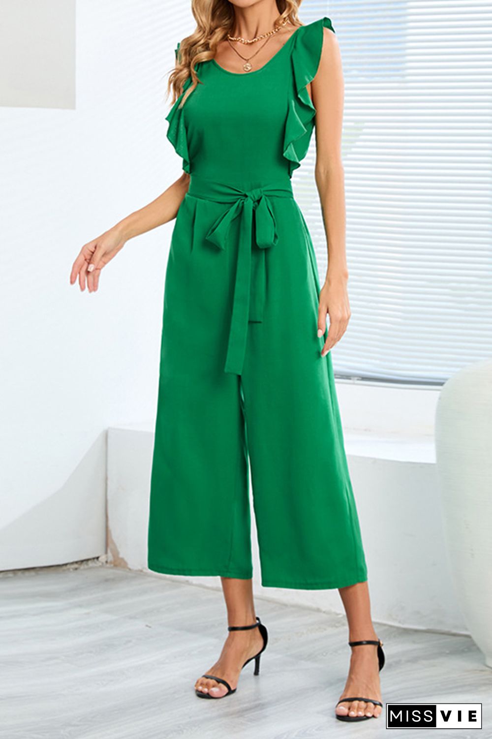 Plain Flutter Sleeveless Wide Leg Jumpsuit