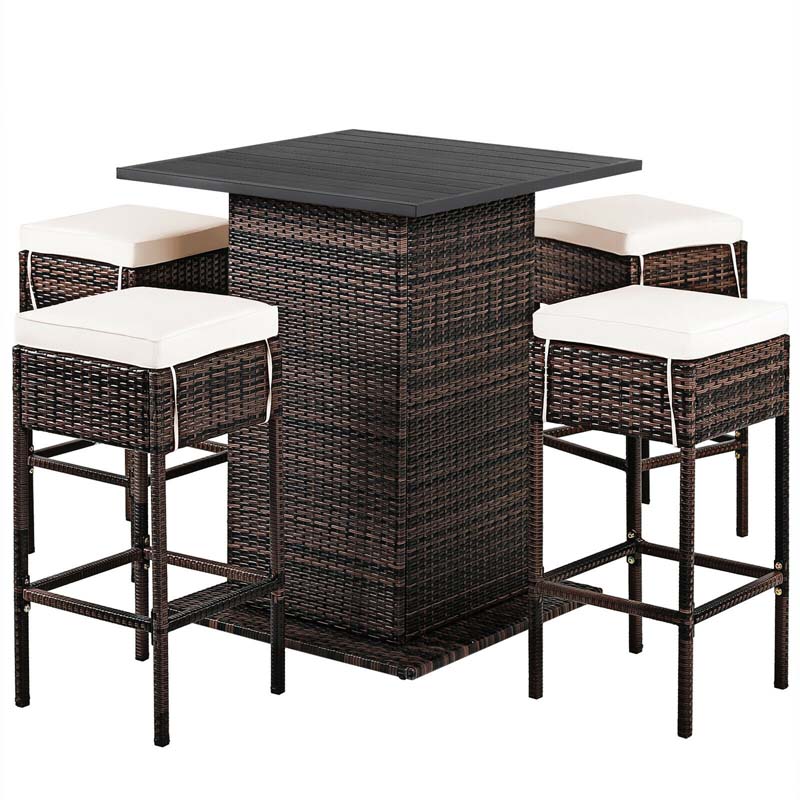 5 Pcs Rattan Patio Bar Set Counter Height Dining Table Set with Hidden Storage Shelf & Cushioned Bar Stools