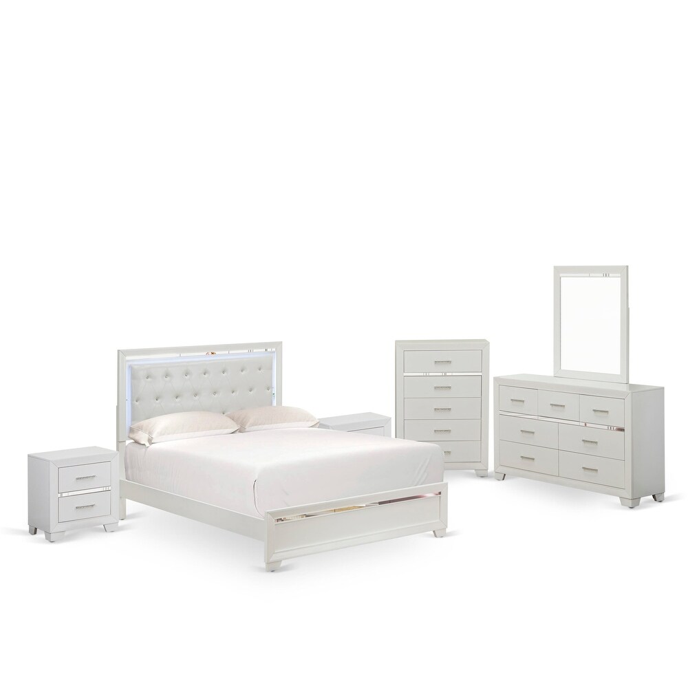 East West Furniture Pandora Wooden queen bedroom set with a queen bed frames White Finish(Pieces Option)