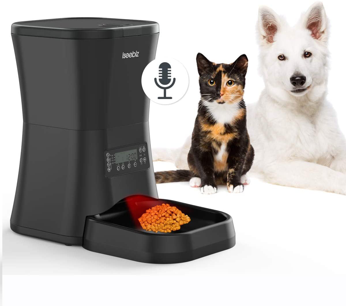 Iseebiz Pet Feeder Food Dispenser for Cats and Dogs Features Voice Recording， Timer Programmable， Portion Control， IR Detect， 4 Meals per Day for Small and Medium Pet