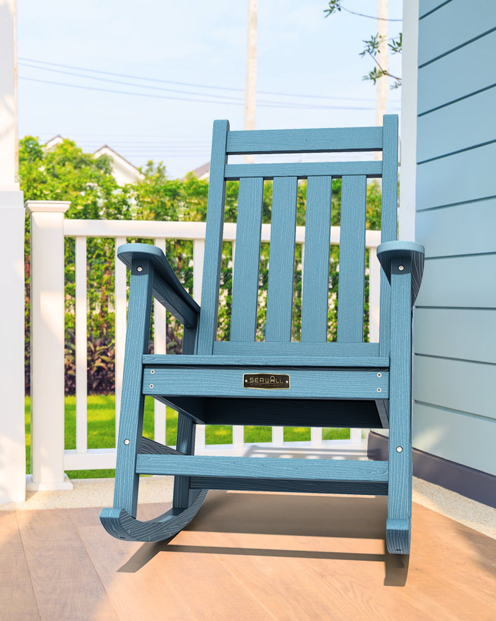 SERWALL Outdoor Oversized Slat Rocking Chair, Blue, HDPE