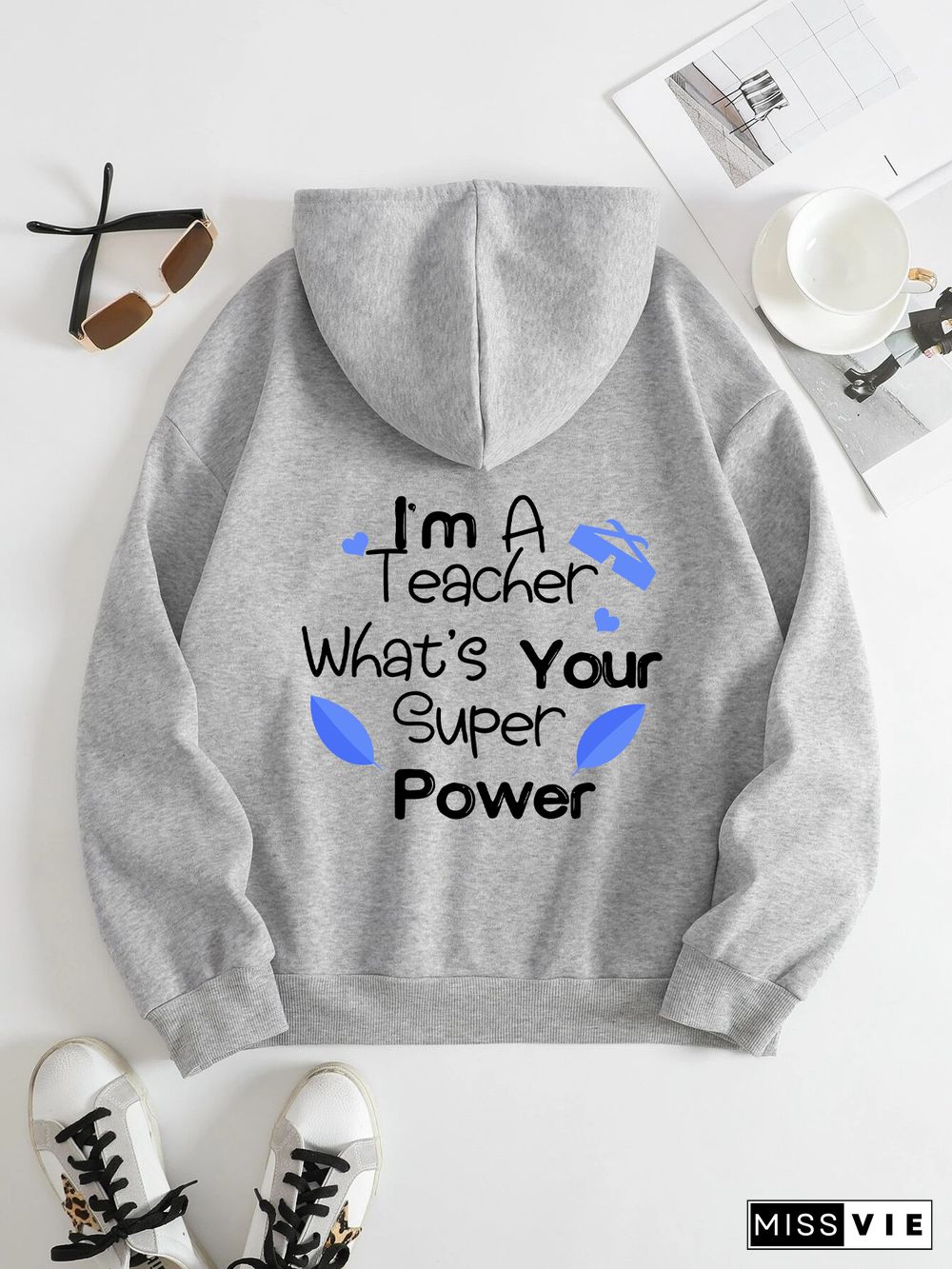 Printed on the Back Kangaroo Pocket Hoodie Long Sleeve for Women Pattern I am a super teacher