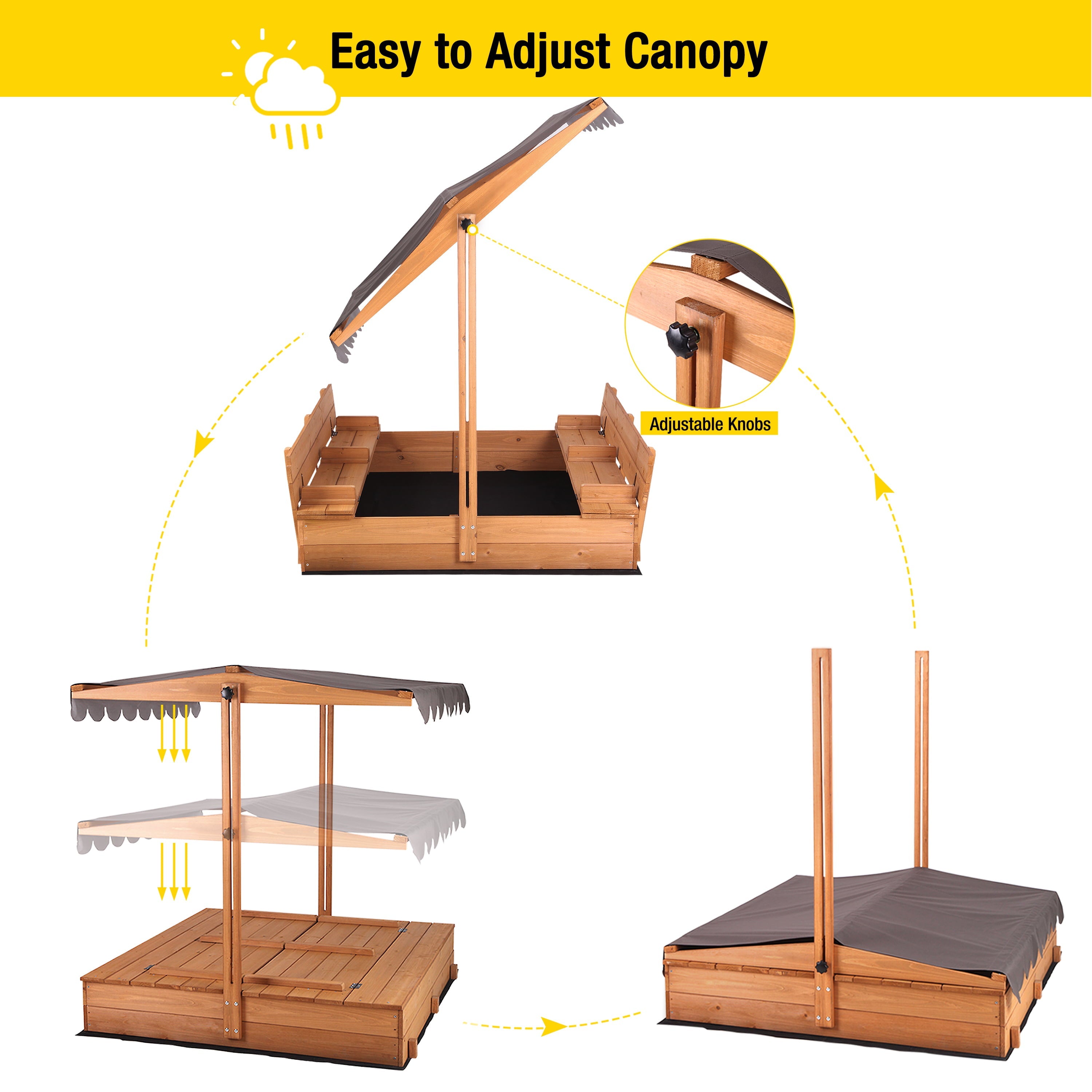 Morgete 47'' Outdoor Sandbox for Kids with Lid and Bench, Wooden Sand Play Toys Center with Adjustable Canopy