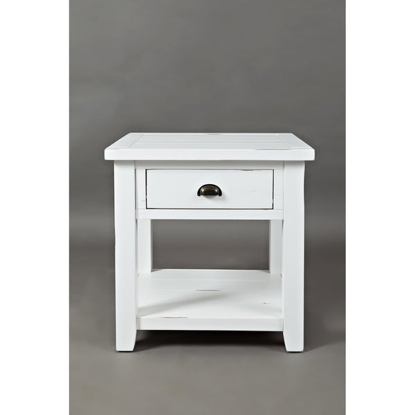 Wooden End Table with Open Shelf， Weathered White