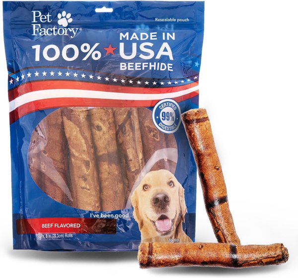 Pet Factory Beefhide 8-inch Rolls Beef Flavored Dog Hard Chews， 15 count