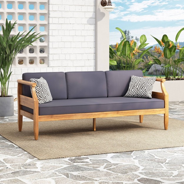 Aston Outdoor Mid century Modern Acacia Wood Sofa Teak dark Gray Christopher Knight Home