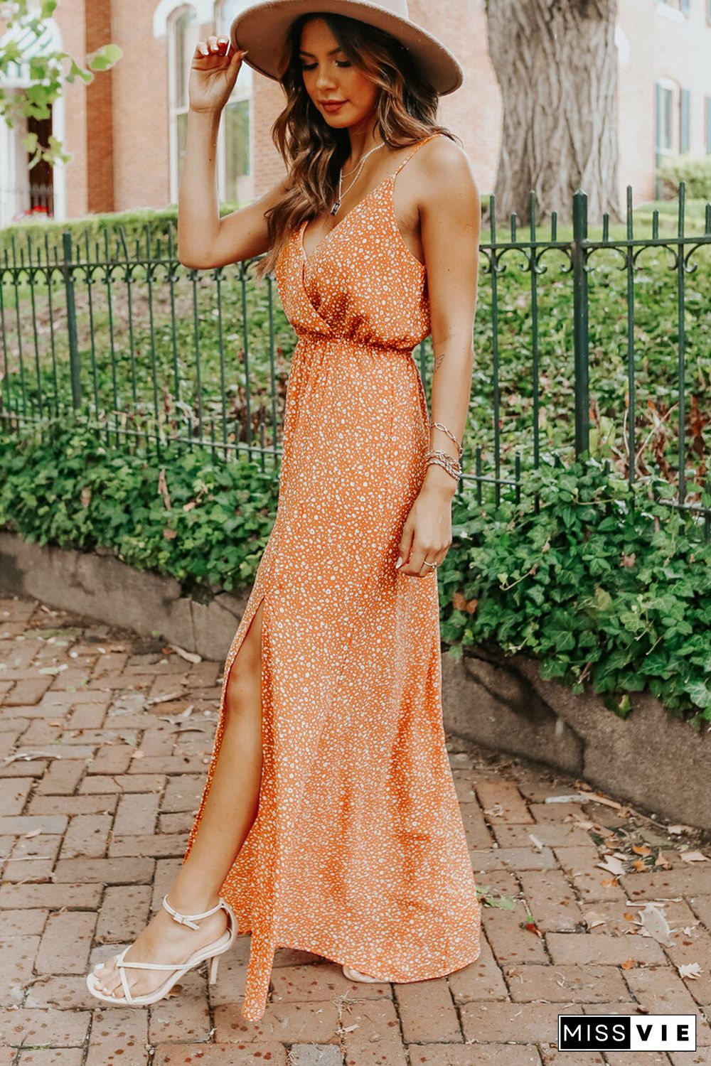 Orange Surplice Dotted Print Sleeveless Maxi Dress with Slit